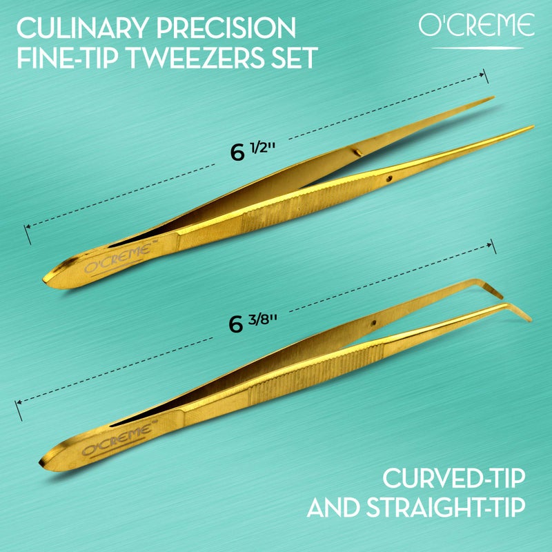 O'Creme Gold Stainless Steel Precision Kitchen Culinary Fine-Tip Tweezer Tongs, 1 Curved and 1 Straight - Image 3